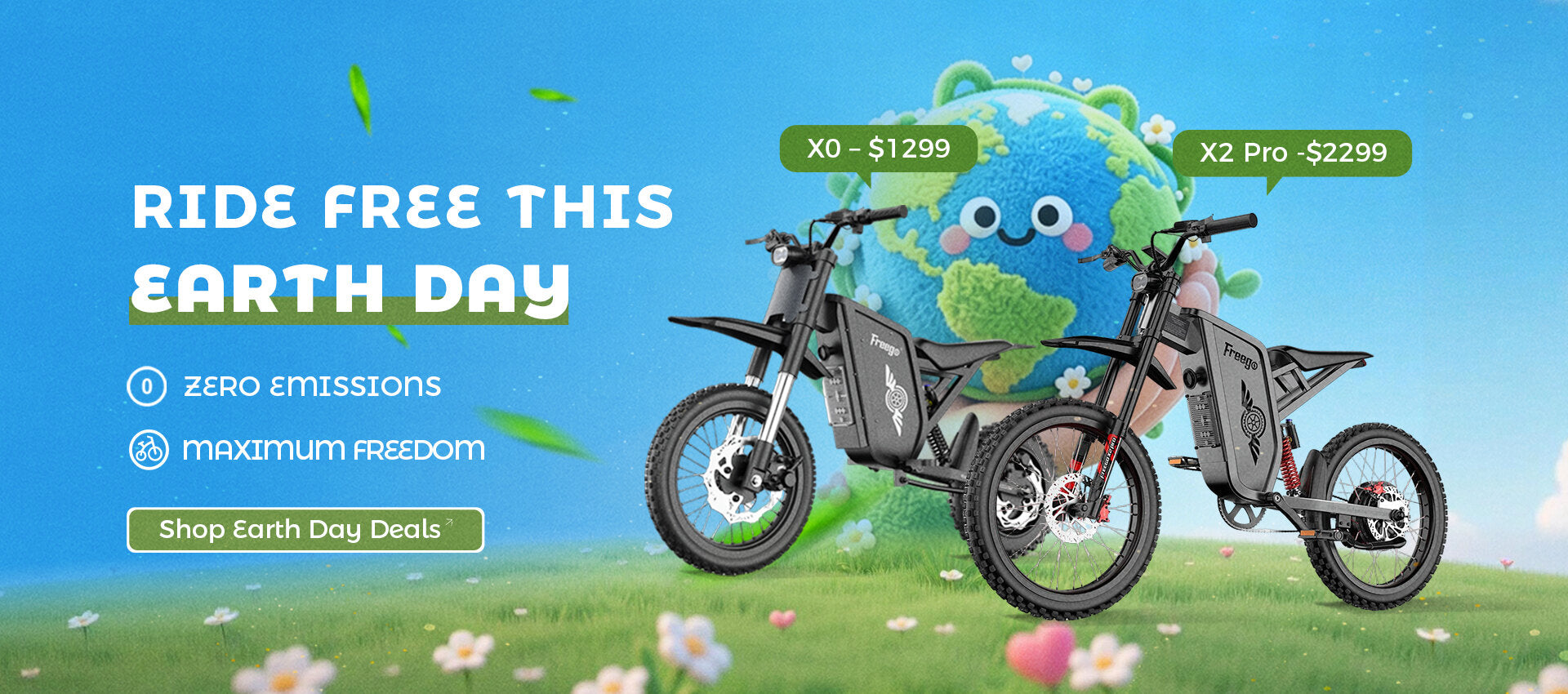 Freego ebikes with a cartoon Earth character on a grassy field with promotional text about Earth Day deals.