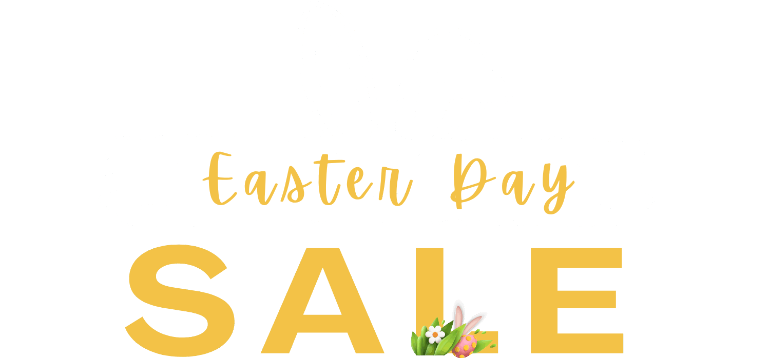 Easter Day Sale banner with bunny ears and floral elements on a yellow background
