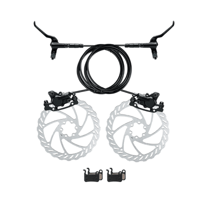 Bicycle brake system with calipers, cables, and rotors on a transparent background 