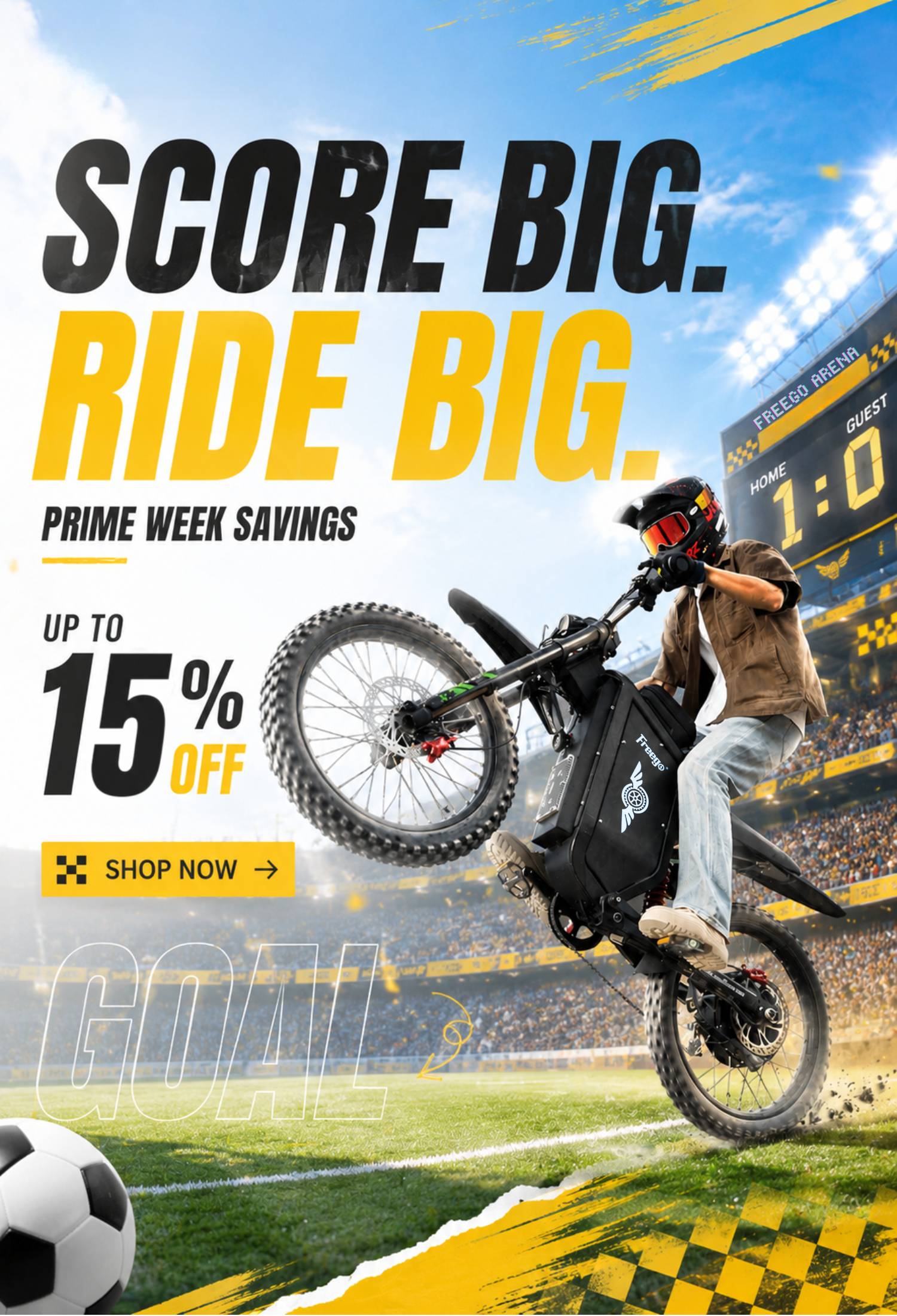 Vertical mobile promotion banner for Freego electric dirt bike Prime Week sale
