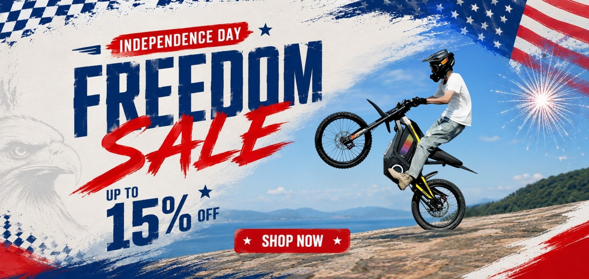 Freego electric bike Independence Day sale banner with rider performing a wheelie and up to 15% off promotion.