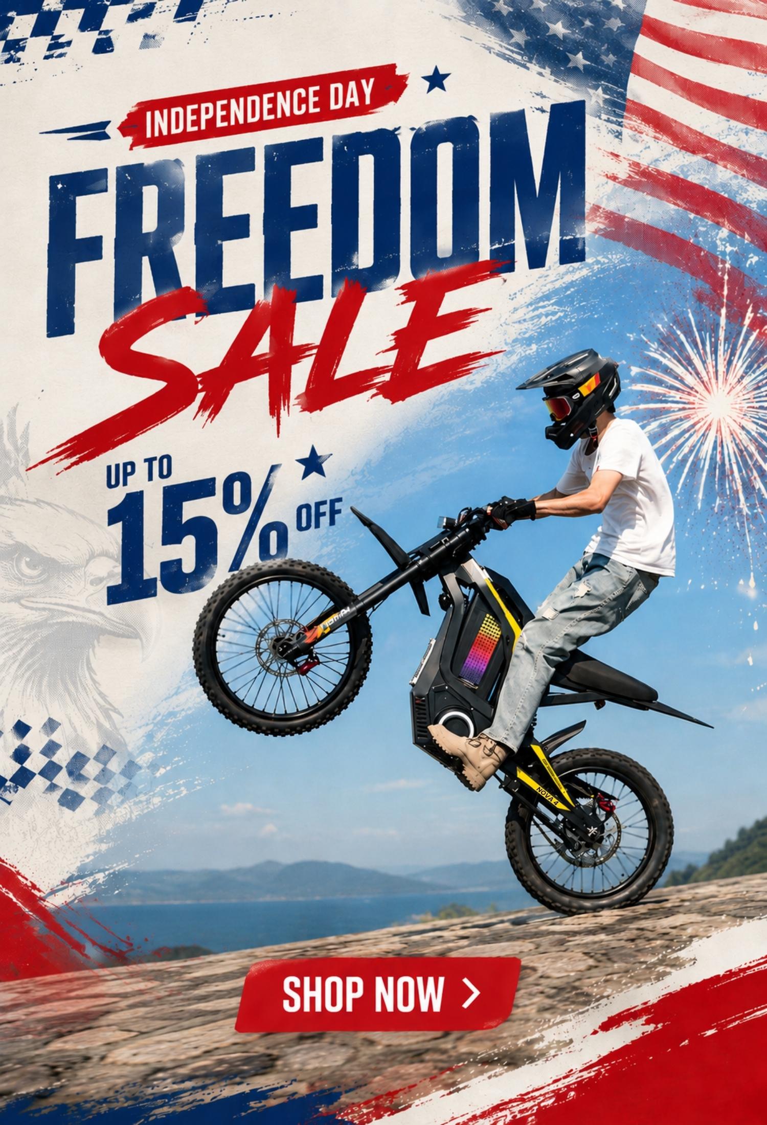 Freego electric bike Independence Day sale banner with rider performing a wheelie and up to 15% off promotion.