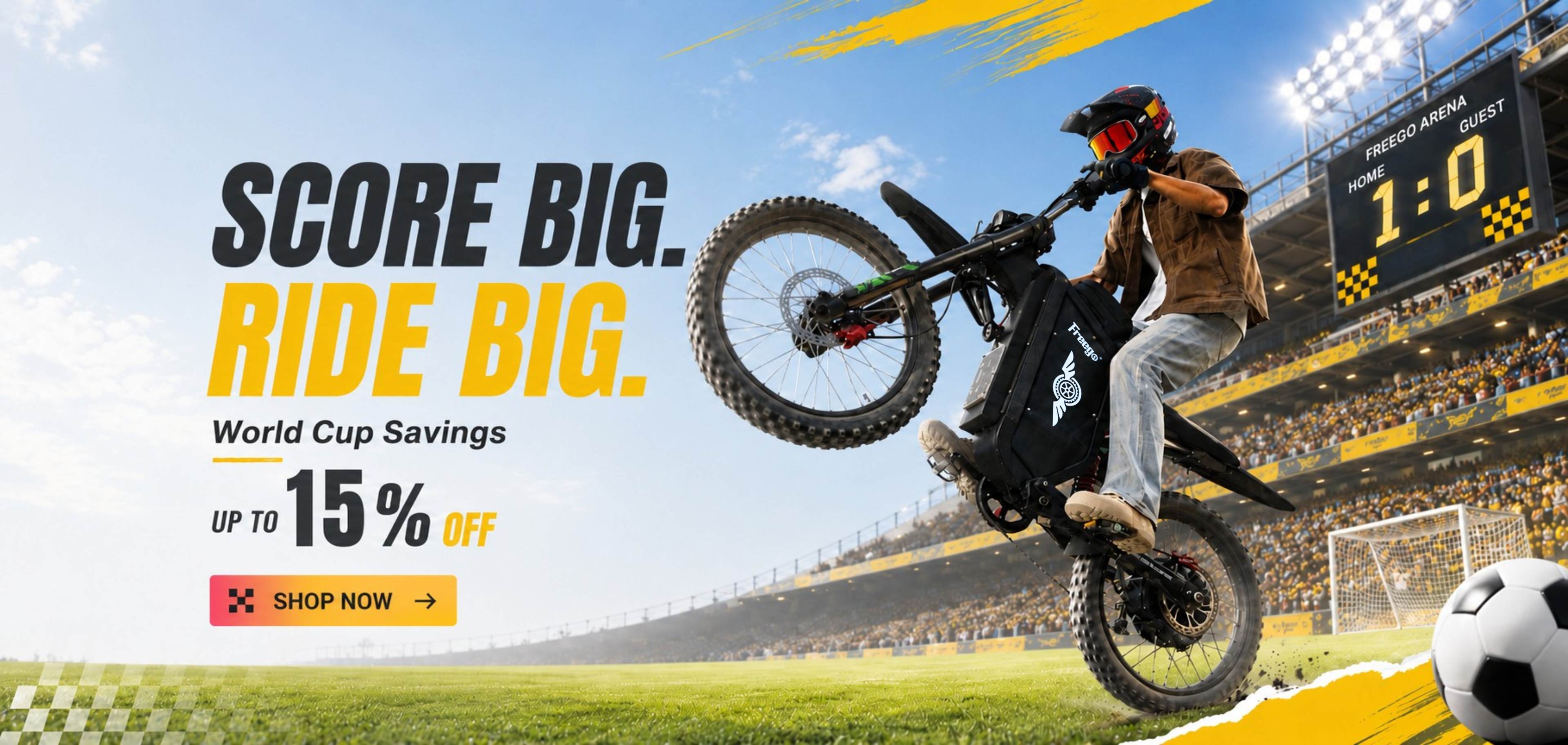 Freego world cup savings banner with a rider doing a wheelie on an electric bike, stadium background, soccer ball, and 15% off promotion.