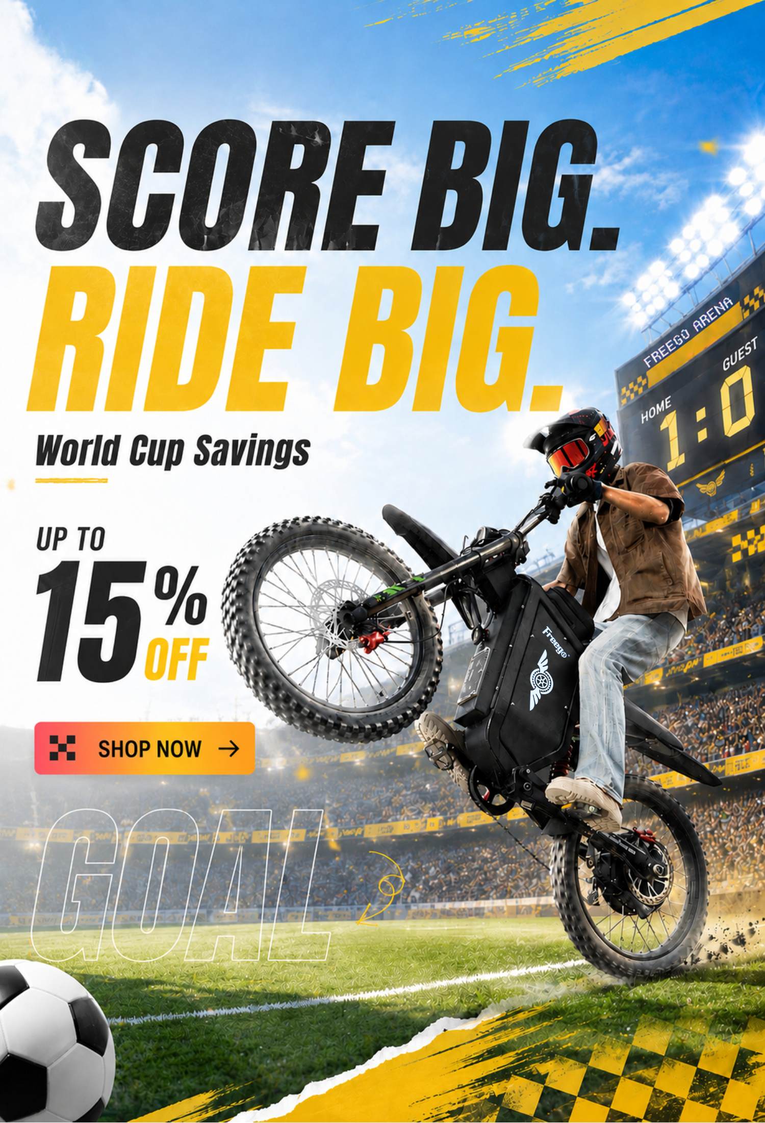 Freego world cup savings banner with a rider doing a wheelie on an electric bike, stadium background, soccer ball, and 15% off promotion.