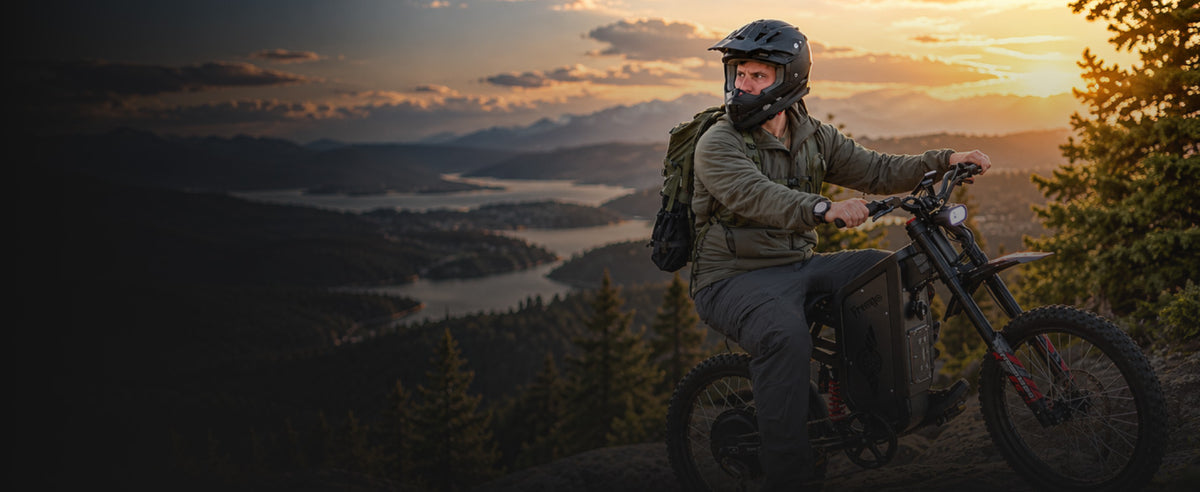 Helmeted rider on a Freego electric dirt bike overlooking mountains at sunset, desktop banner.