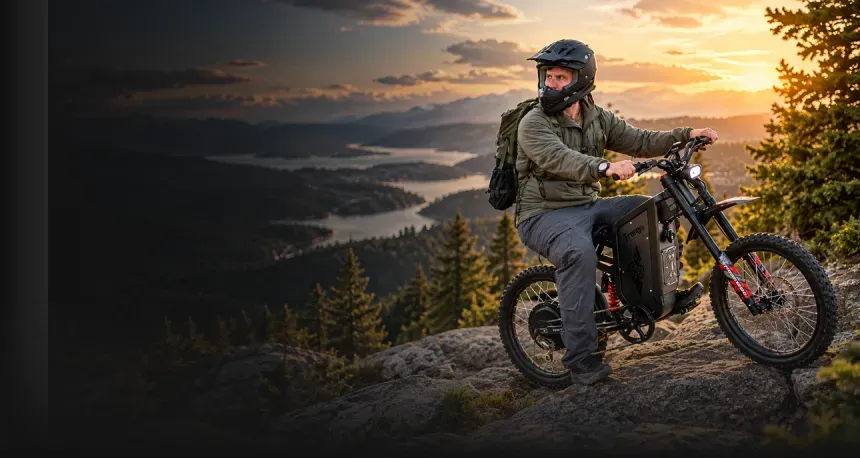 Helmeted rider on a Freego electric dirt bike overlooking mountains at sunset, mobile banner.