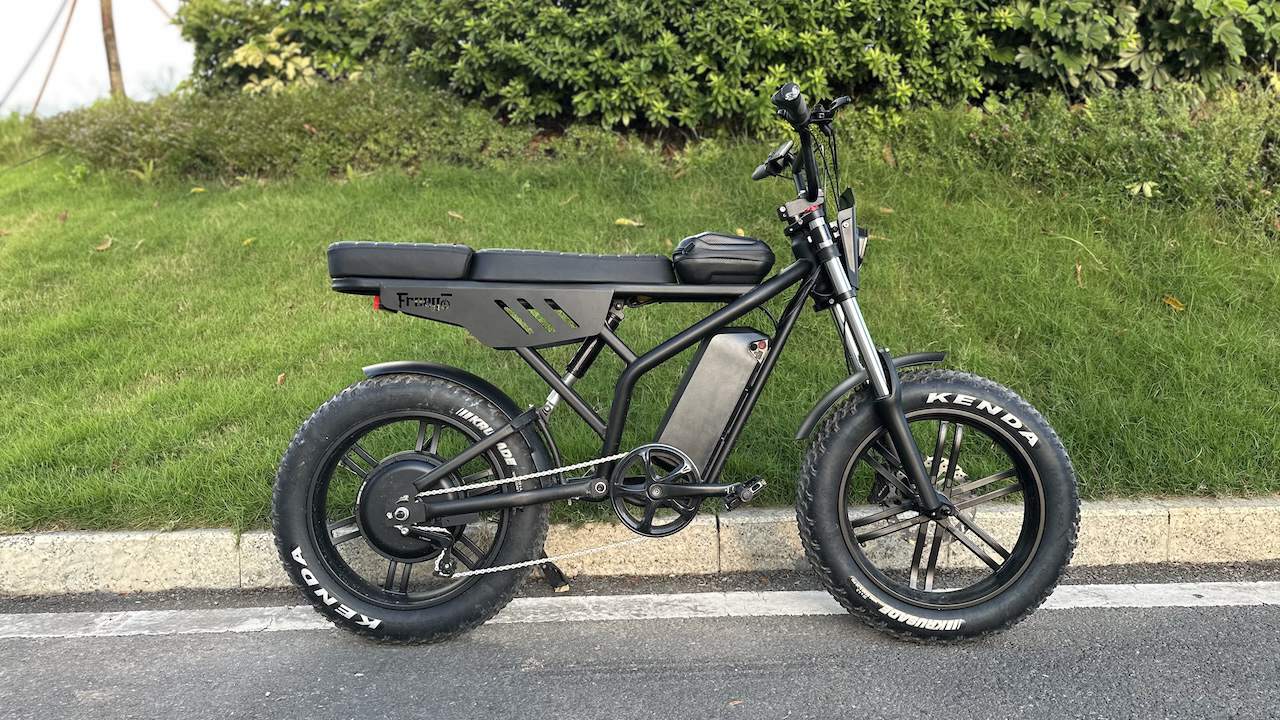 freego f2 pro max electric bike side view with fat tires and battery, parked beside green grass.