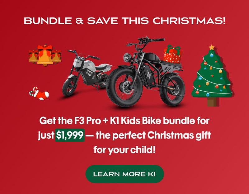 Advertisement for F3 Pro and K1 Kids Bike bundle on a red background with Christmas tree and stocking.