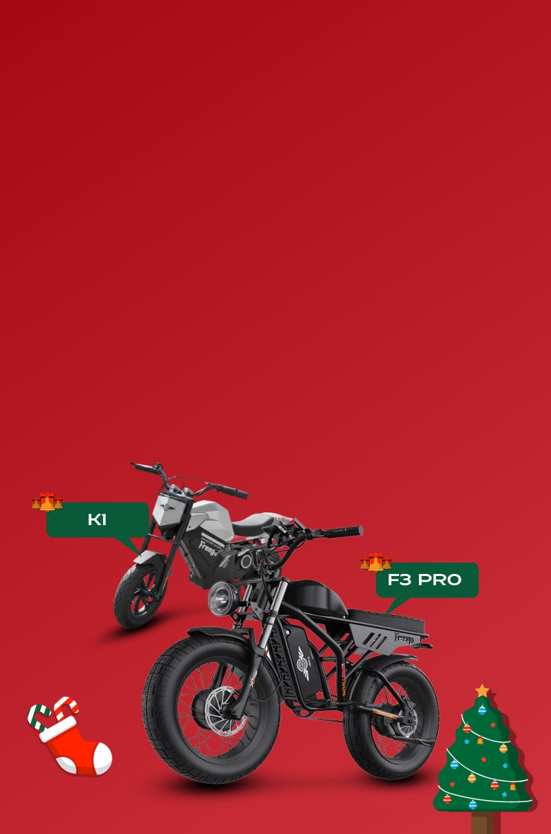 Two motorcycles labeled 'K1' and 'F3 Pro' on a red background with Christmas-themed elements.