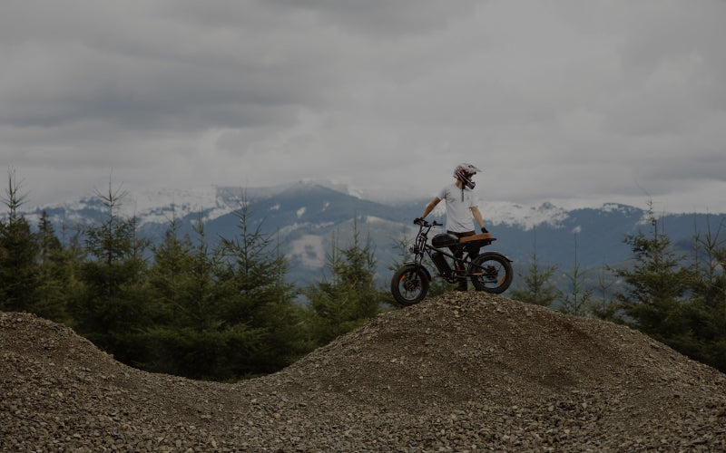 A person riding the Freego F3 Pro Max fat tire e-bike in the wilderness.