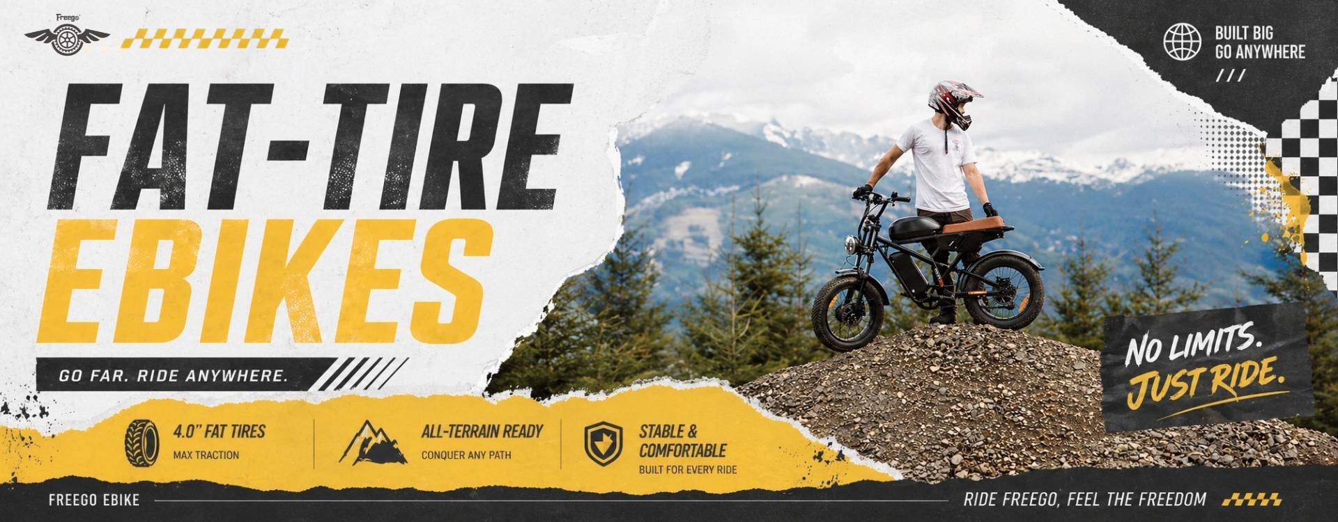 Advertisement for Freego fat-tire eBikes with a person on a bike in a mountainous landscape.