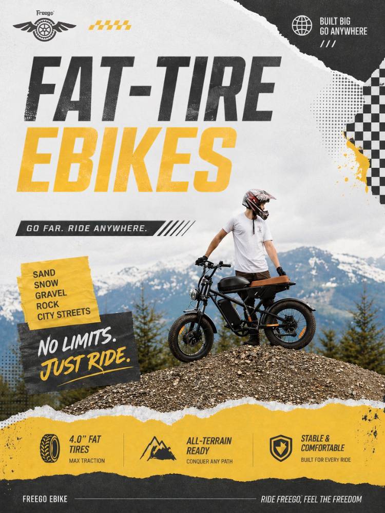 Advertisement for Freego fat-tire eBikes with a person riding an eBike on a mountainous landscape.