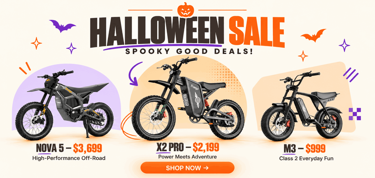 Freego Halloween e-bike sale desktop banner featuring Nova 5 for $3,699, X2 Pro for $2,199, and M3 for $999.