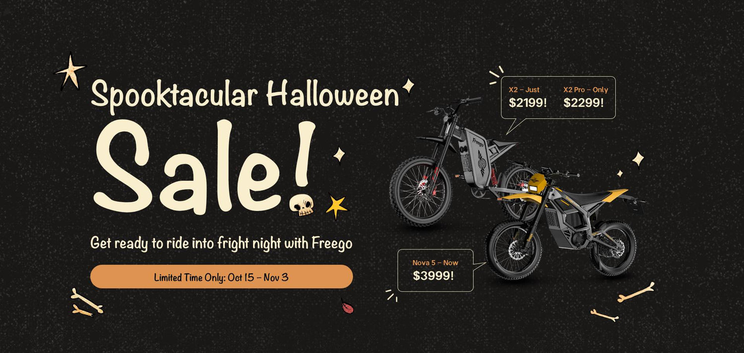 Spooktacular Halloween sale advertisement with Freego electric bikes on a dark background.