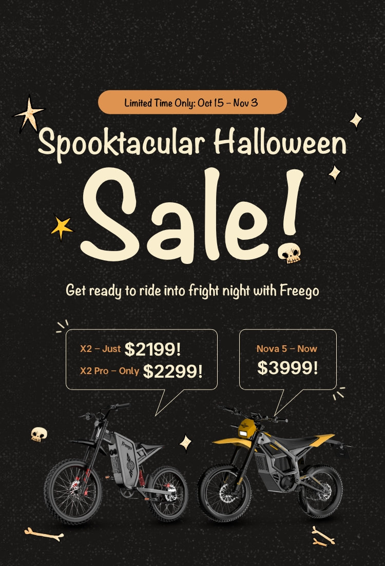 Spooktacular Halloween sale advertisement with Freego dirt bikes on a dark background.