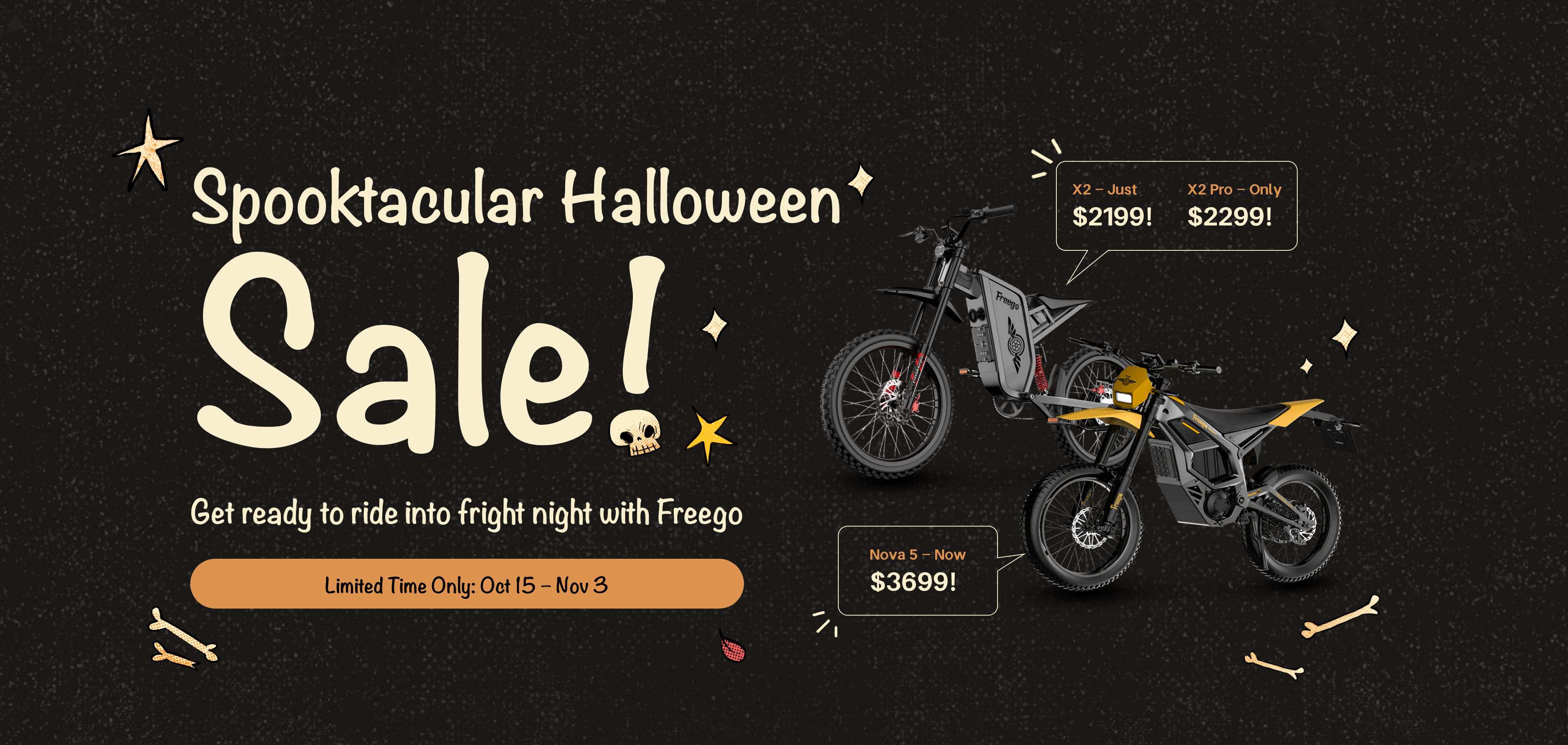 Spooktacular Halloween sale advertisement with Freego electric bikes on a dark background.