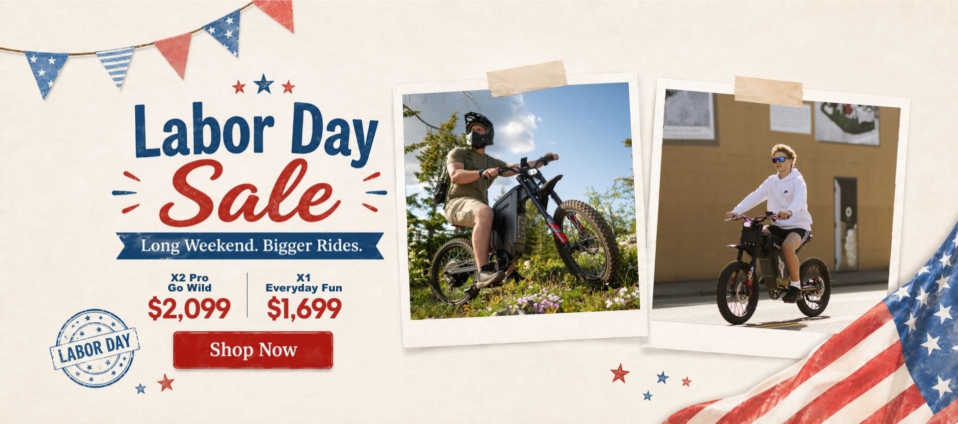 Freego Labor Day Sale wide banner showing Freego X2 Pro Go Wild at $2,099 and Freego X1 Everyday Fun at $1,699, with "Long Weekend. Bigger Rides." headline, riders on e-bikes, American flag graphics, and Shop Now button.