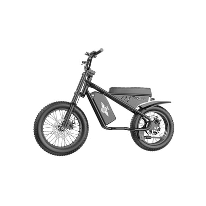 Black Freego M1-Neo mini electric motorcycle on a white background, showing the front and rear disc brakes.