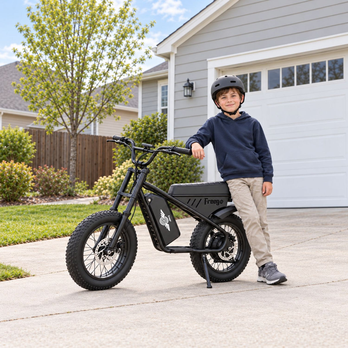 Child wearing a helmet standing beside a black Freego M1-Neo mini electric motorcycle on a driveway.