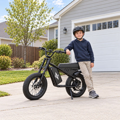 Child wearing a helmet standing beside a black Freego M1-Neo mini electric motorcycle on a driveway.