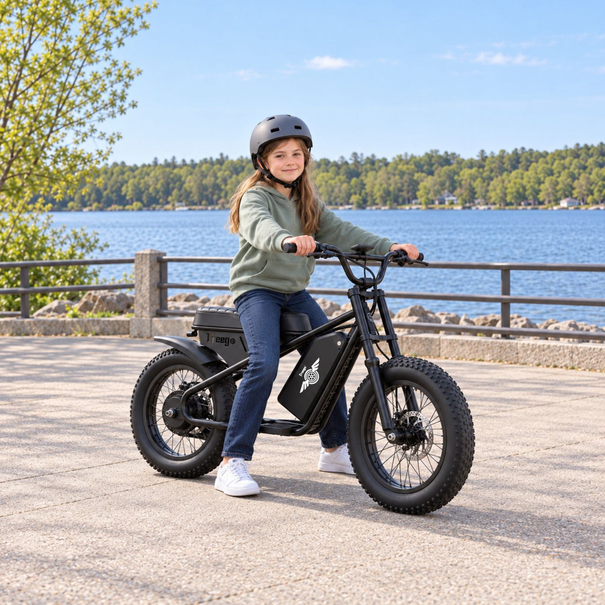 Child wearing a helmet seated on a black Freego M1-Neo mini electric motorcycle beside a lake.