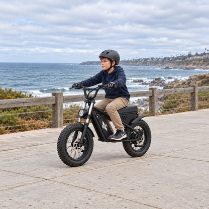 Child wearing a helmet and gloves riding a black Freego M1-Neo mini electric motorcycle along a coastal path.