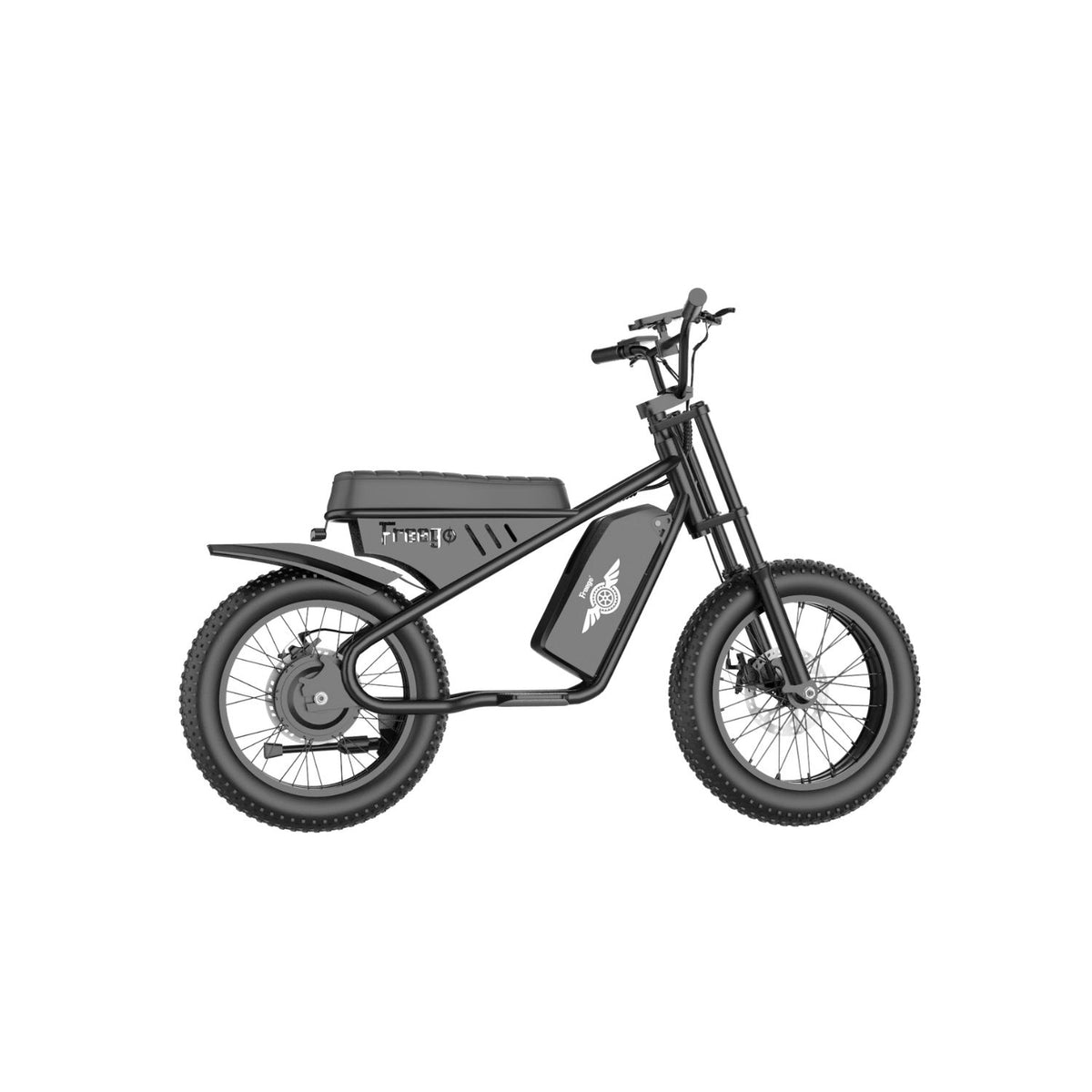 Side profile of a black Freego M1-Neo mini electric motorcycle with fat tires on a white background.