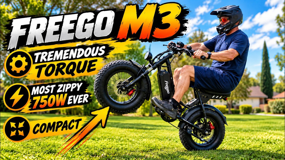 A helmeted rider performs a wheelie on the compact Freego M3 750W electric bike, highlighting tremendous torque and zippy performance.