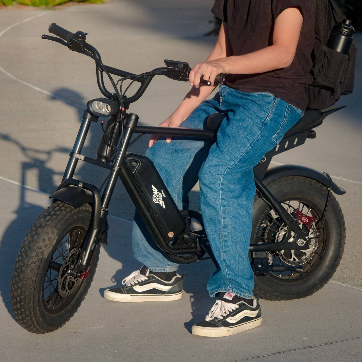 Close-up of a rider seated on a Freego M3 electric mini bike on a paved path.