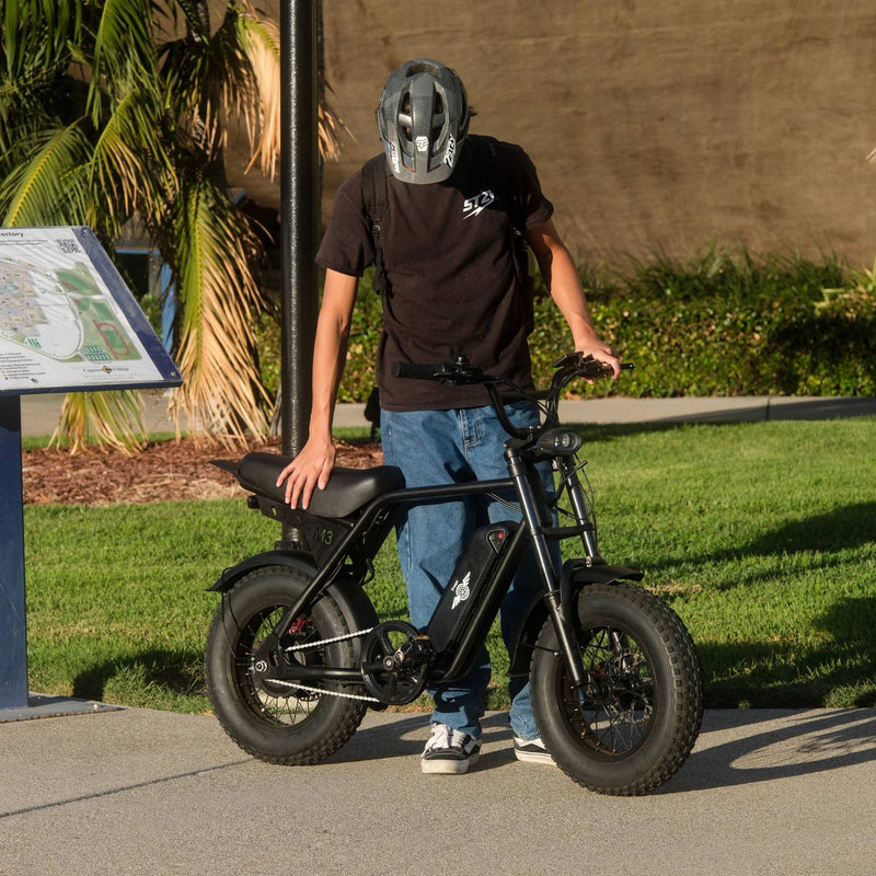 Helmeted rider standing over a Freego M3 electric mini bike beside a grassy path.