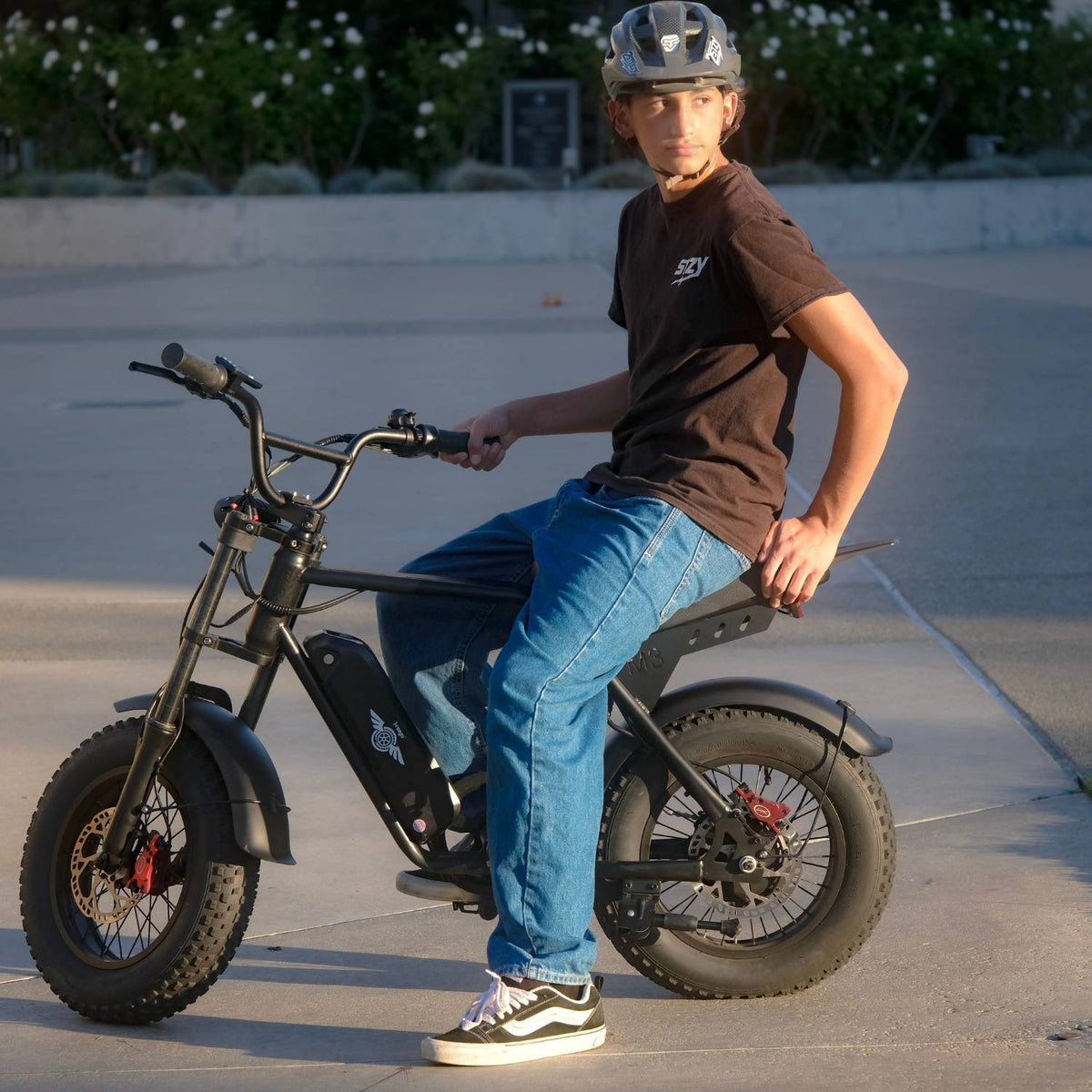 Helmeted rider seated on a black Freego M3 electric mini bike outdoors.