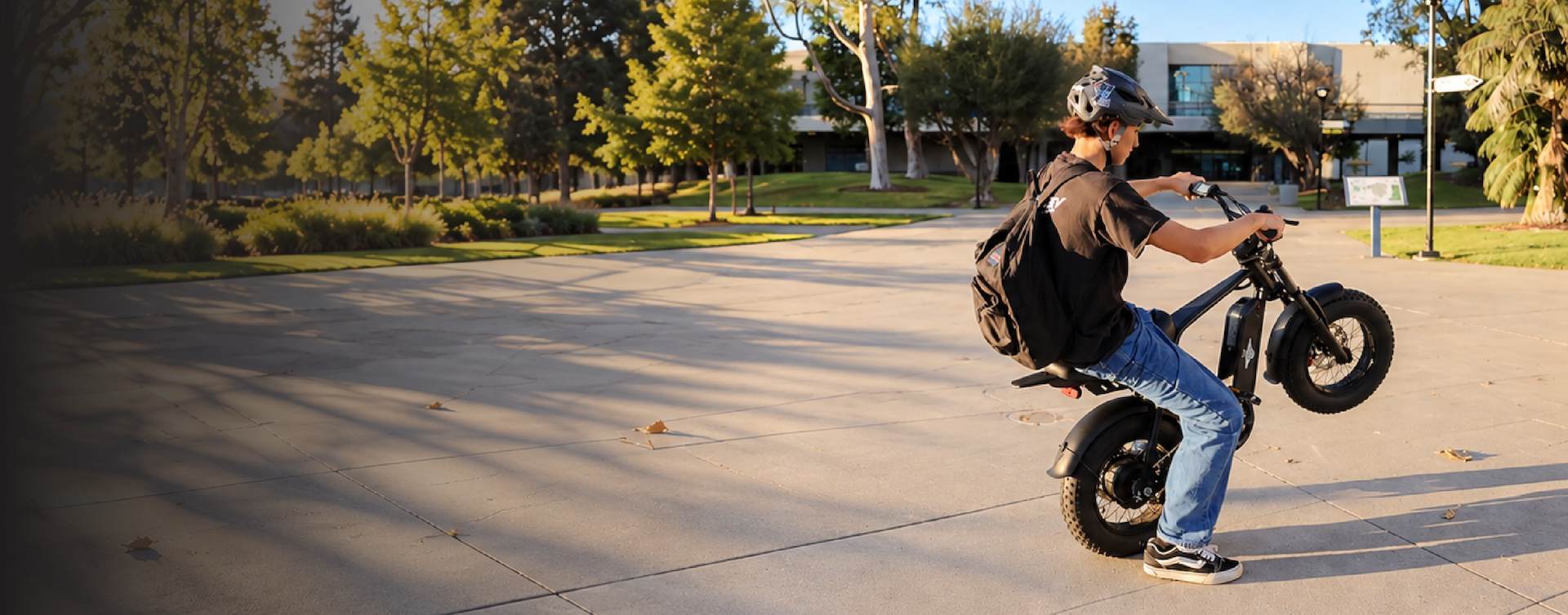 Helmeted rider performing a wheelie on a Freego M3 electric mini bike in a sunny park, desktop banner.