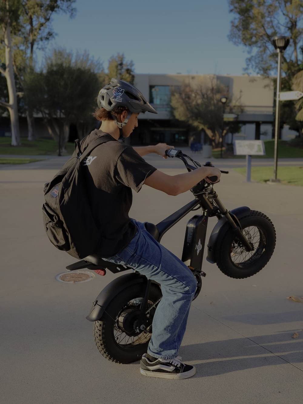 Helmeted rider performing a wheelie on a Freego M3 electric mini bike in a sunny park, mobile banner.