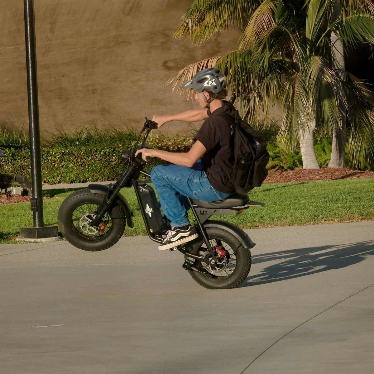 Side view of a helmeted rider doing a wheelie on a Freego M3 electric mini bike along a sunny path.