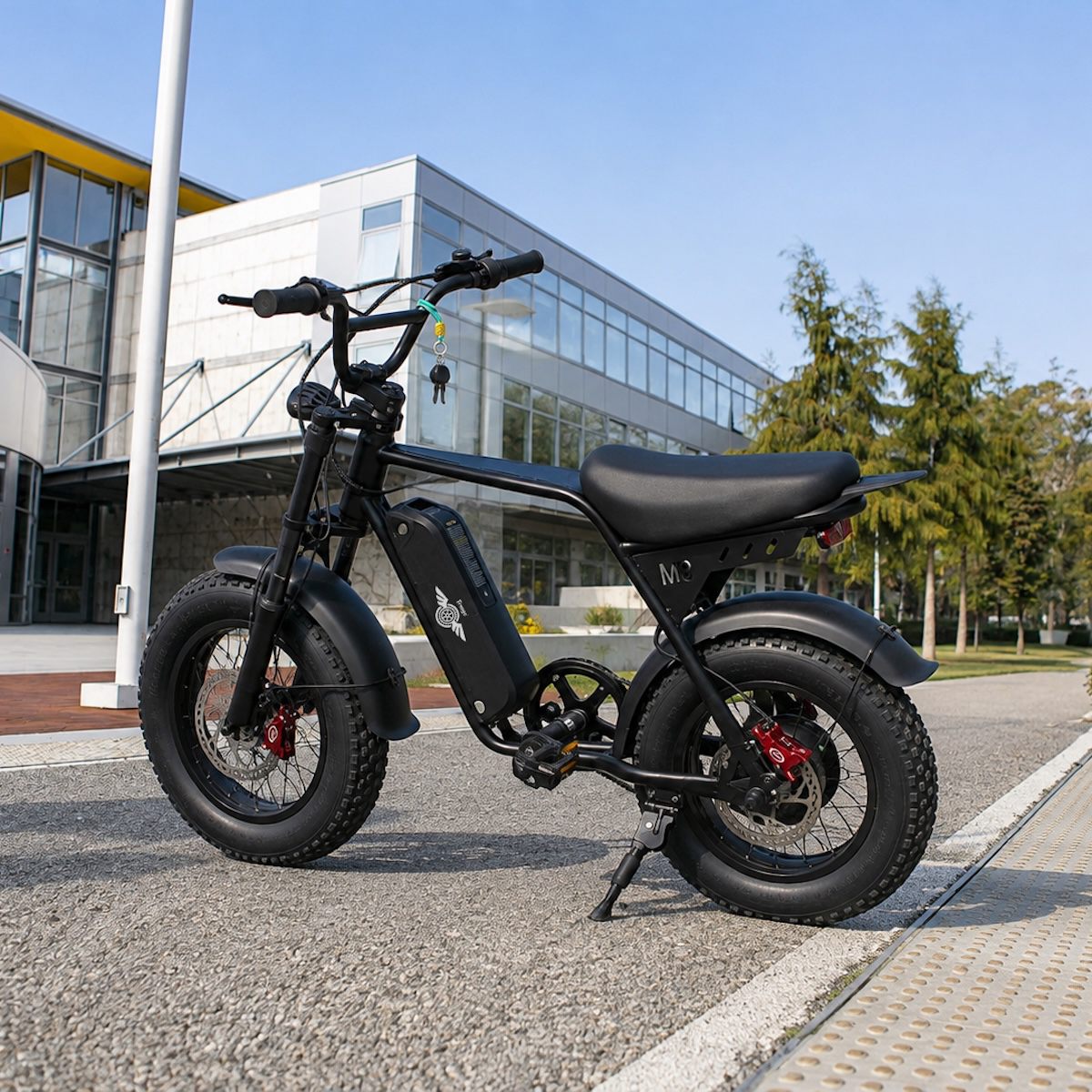 Freego M3 fat tire e-bike parked outside a modern campus building