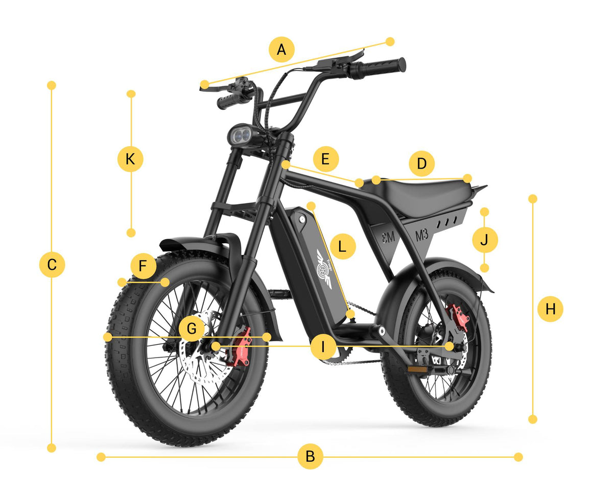 Freego M3 fat tire electric bike dimensions diagram with labeled measurements