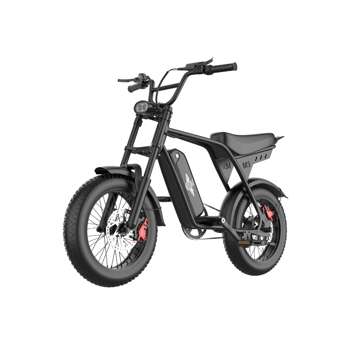Front left three-quarter view of the Freego M3 black fat tire electric bike