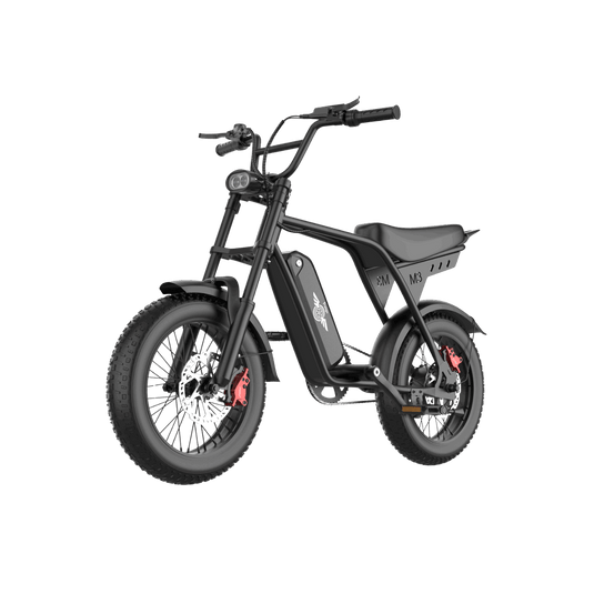 Front left three-quarter view of the Freego M3 black fat tire electric bike