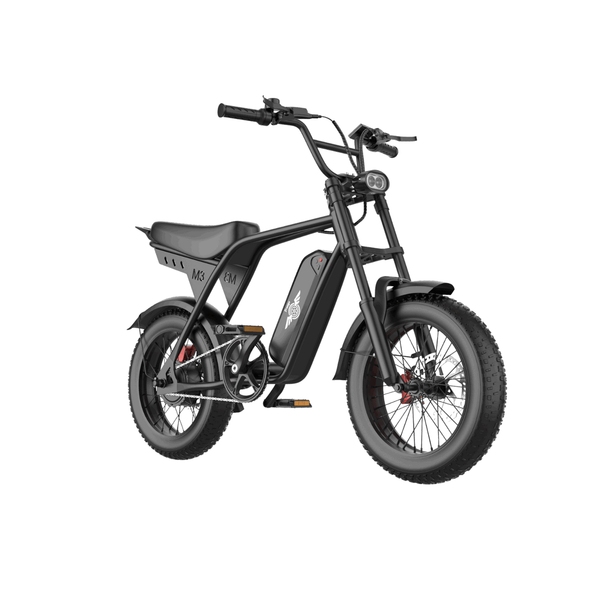 Front right three-quarter view of the Freego M3 black fat tire electric bike