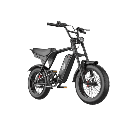 Front right three-quarter view of the Freego M3 black fat tire electric bike