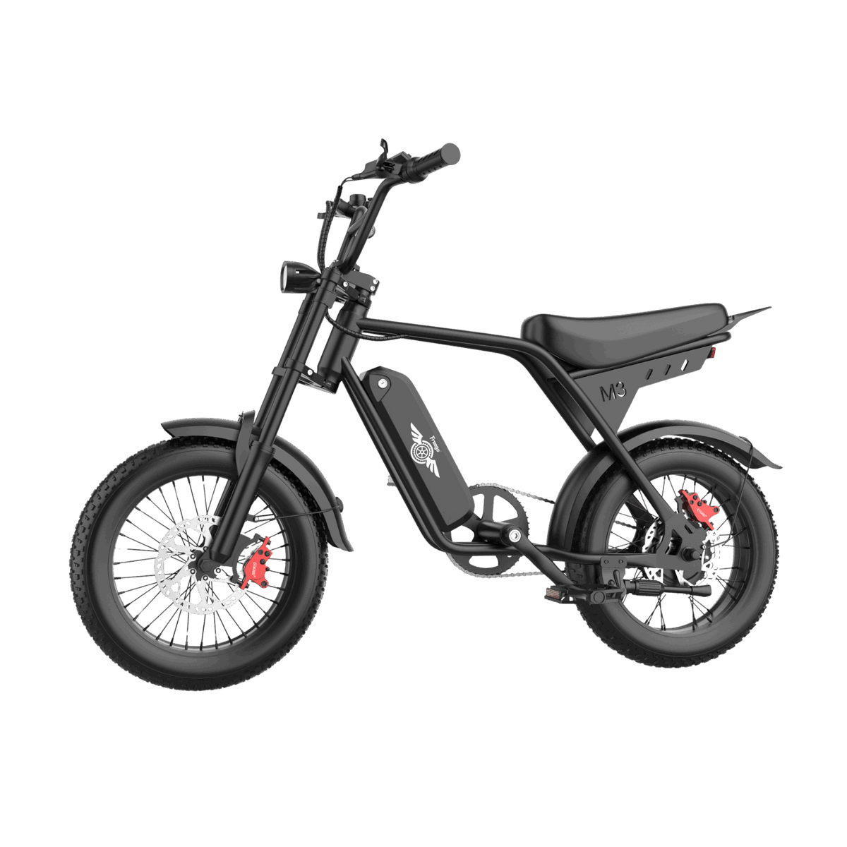 Left side profile of the Freego M3 black fat tire electric bike