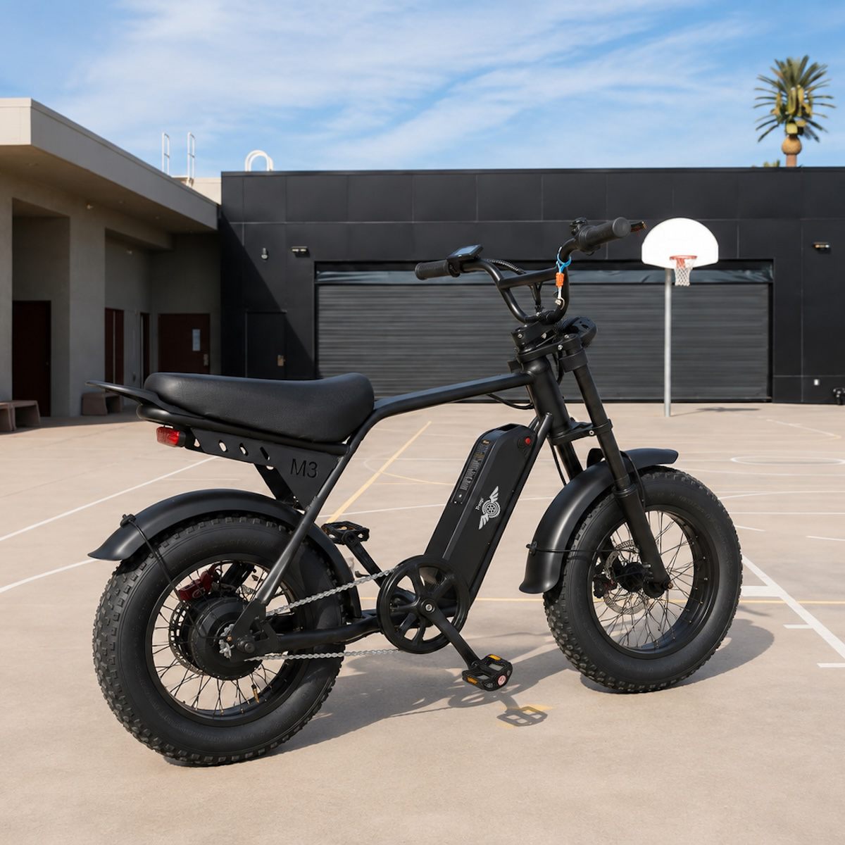 Freego M3 fat tire e-bike parked on an outdoor basketball court
