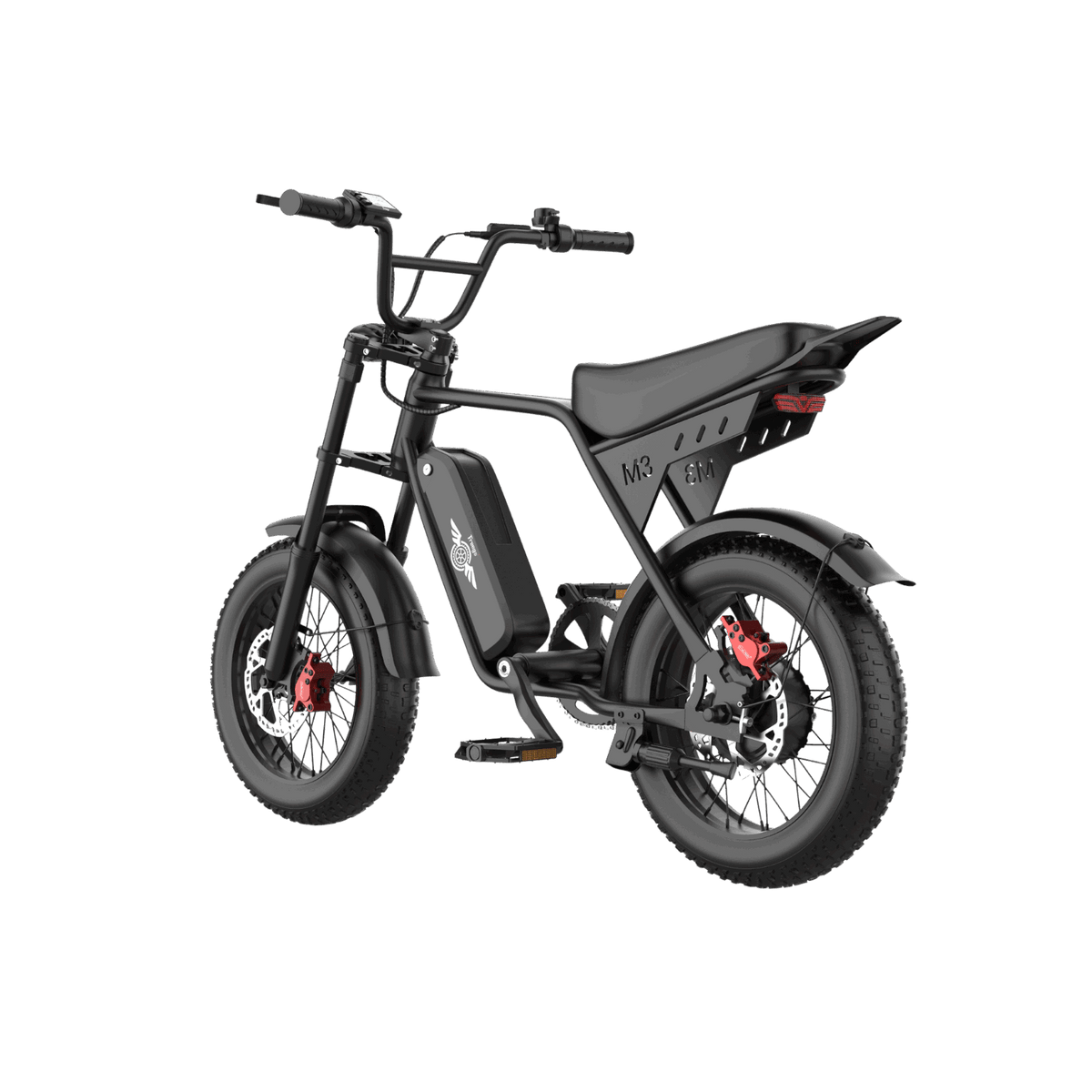 Rear left three-quarter view of the Freego M3 black fat tire electric bike
