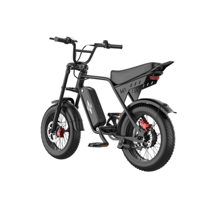 Rear left three-quarter view of the Freego M3 black fat tire electric bike
