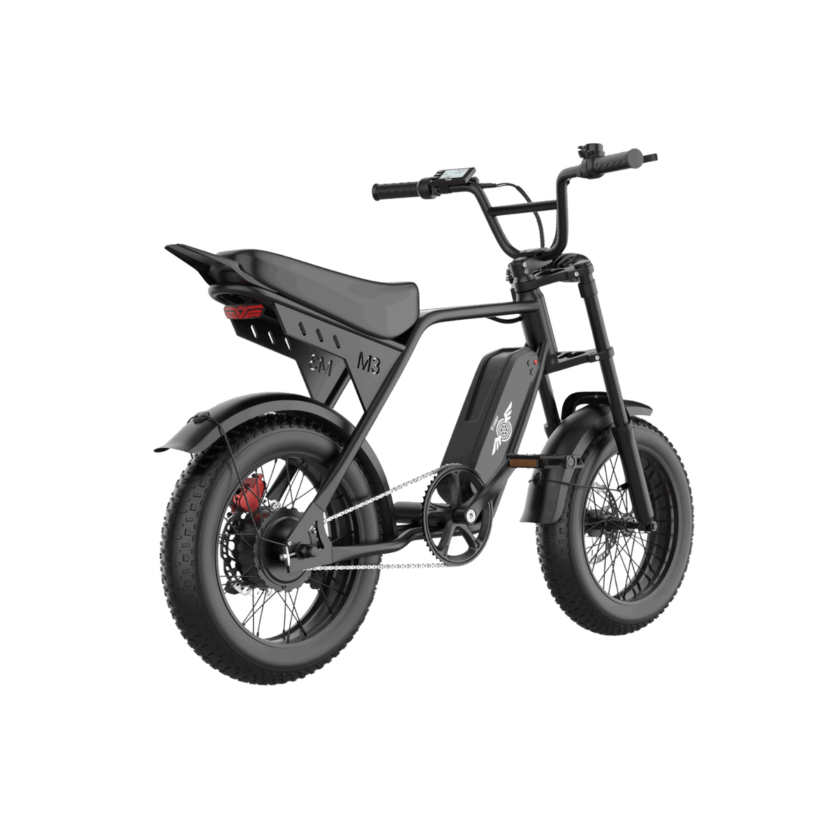 Rear right three-quarter view of the Freego M3 black fat tire electric bike