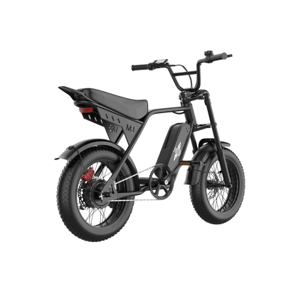 Rear right three-quarter view of the Freego M3 black fat tire electric bike