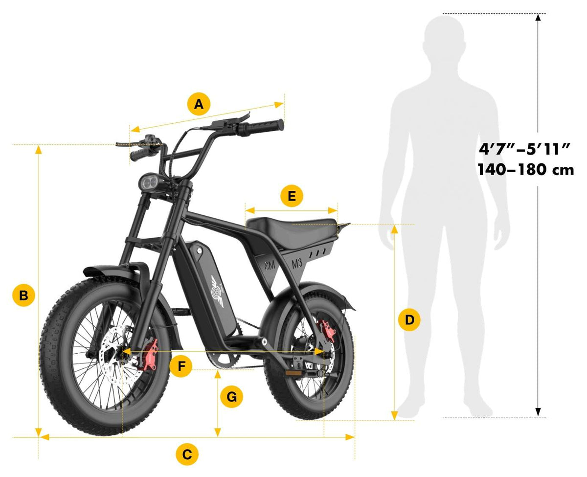 Freego Maxx M3 fat-tire electric bike dimensions and recommended rider height guide