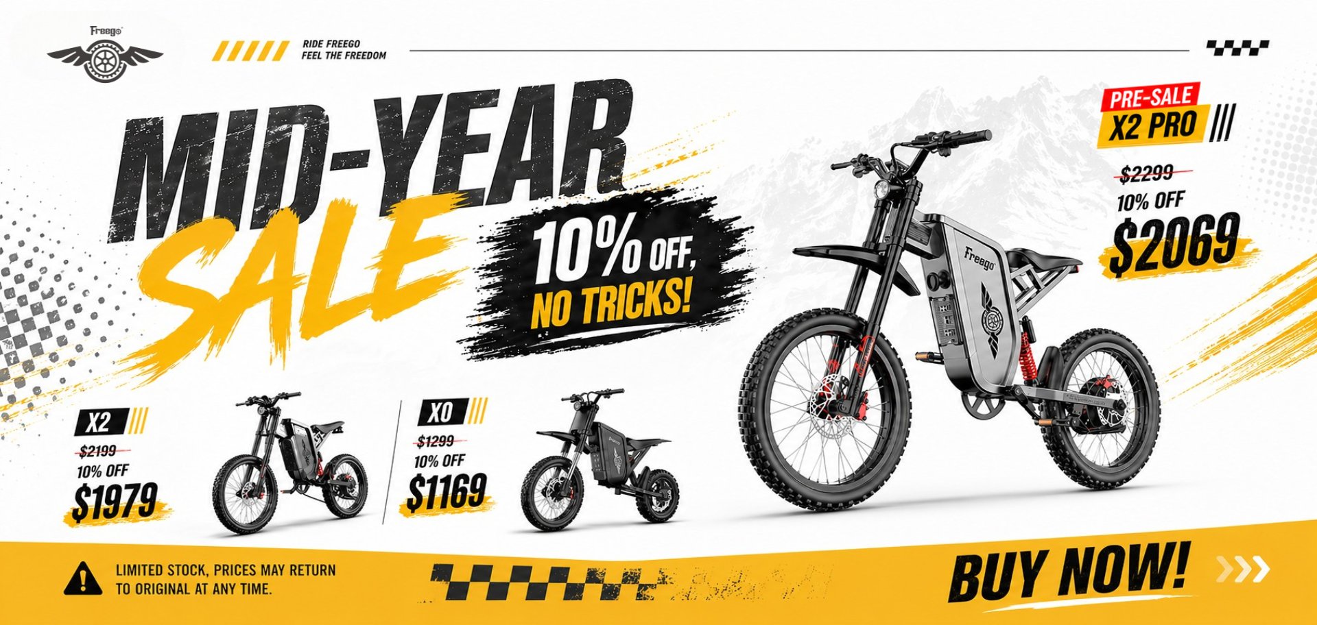 Promotional banner for Freego mid-year sale on electric bikes with pricing and discounts.
