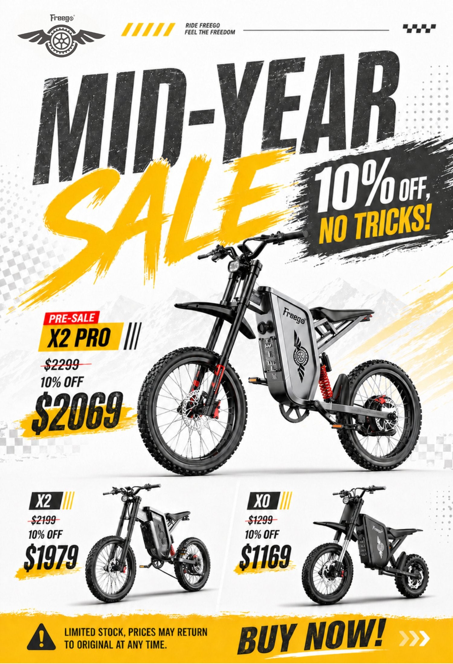 Freego Promotional poster for electric bikes with mid-year sale text and pricing.