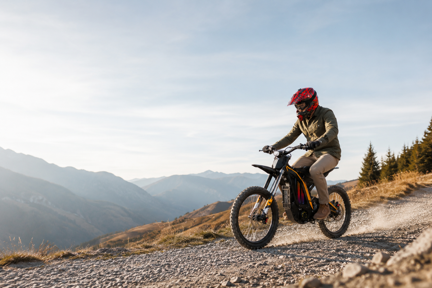 Person riding an freego n1 electric bike on a mountain trail with scenic views.